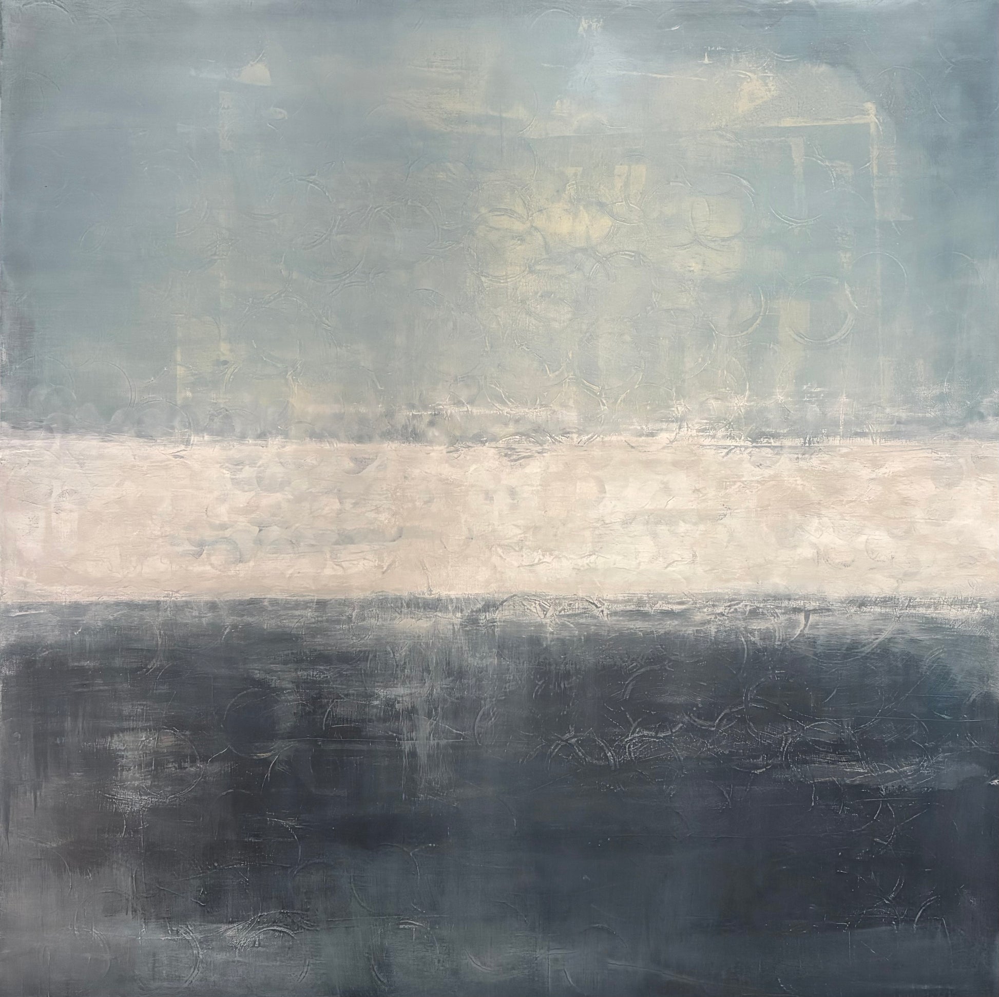 An abstract square painting with horizontal color bands: a muted gray upper section, a wide warm beige middle band, and a dark charcoal-black lower section.